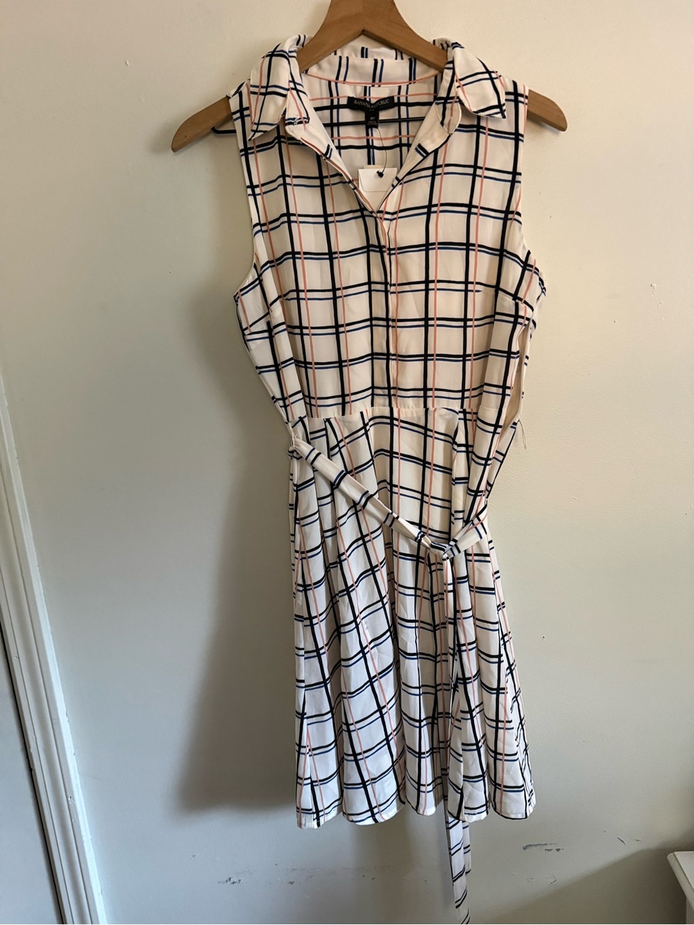 Banana Republic White Sleeveless Plaid Shirt Dress with Tie Waist
